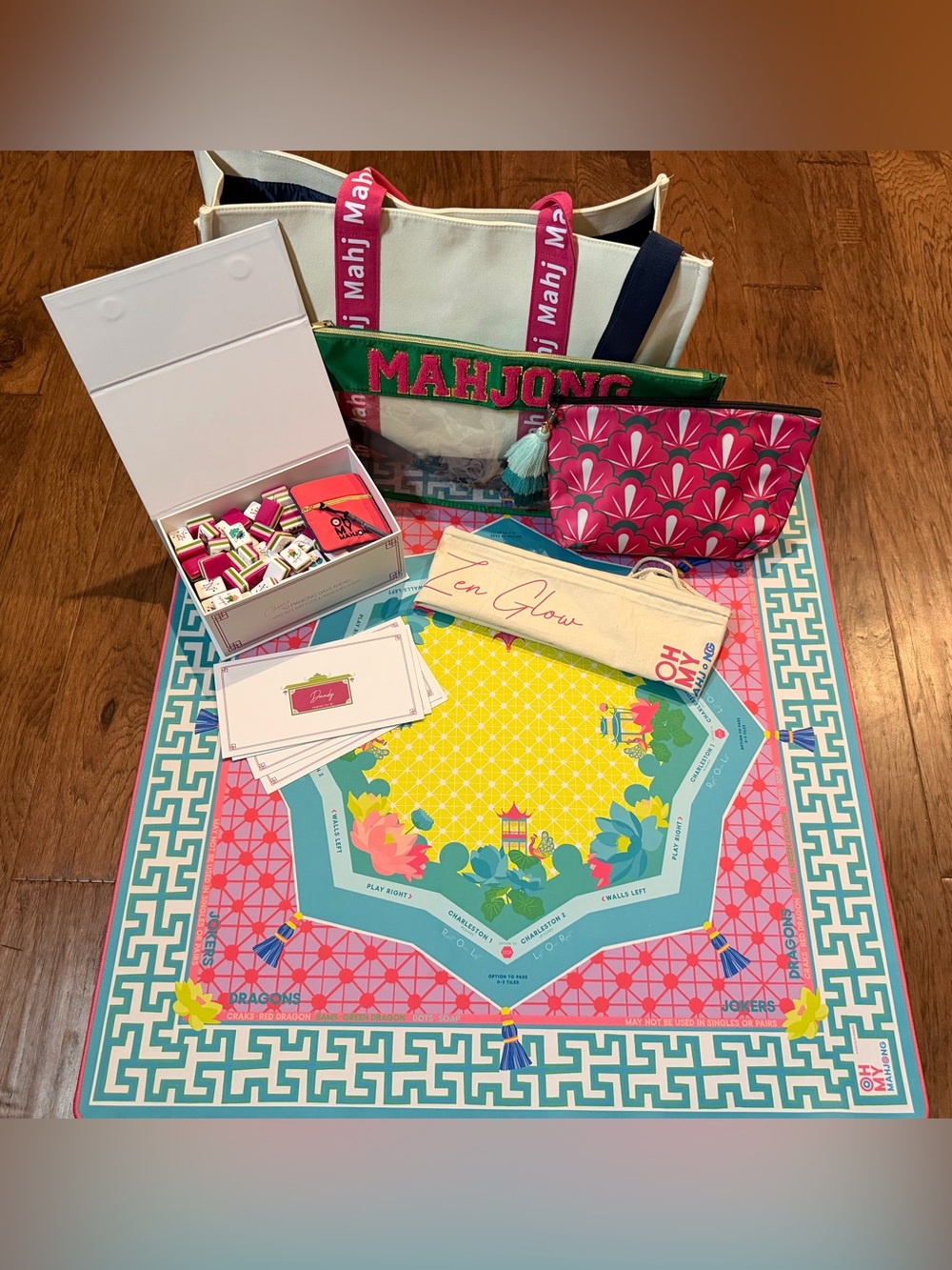 Mahjong Set with Pink & Teal Carry Tote by Mahj Mahi